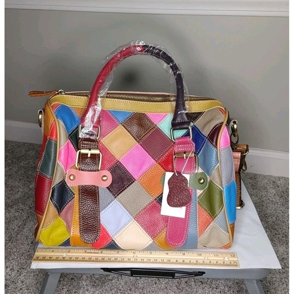 Vintage European Colorful Patchwork Leather Hand Shoulder Bag Purse Cottage New - Picture 7 of 8